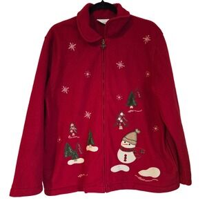 Vintage Alfred Dunner Snowman Snowflake Fleece Zip Up Christmas Sweater Jacket M